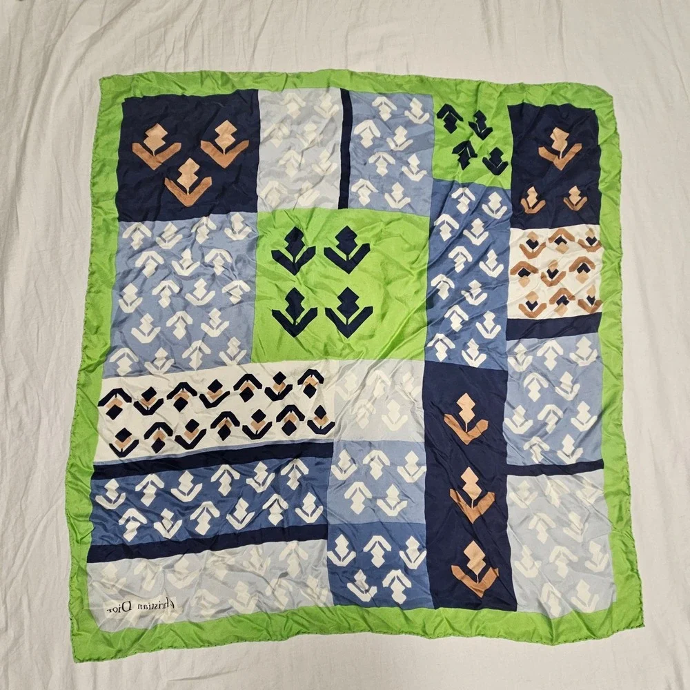 Christian Dior circa 1970 Silk Scarf Green Blue Geometric Abstract Square. EUC.